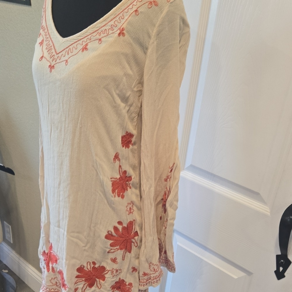 Free People Cream Coral Embroidered Boho Bell Sleeve Tunic Mini Dress XS - Picture 6 of 10